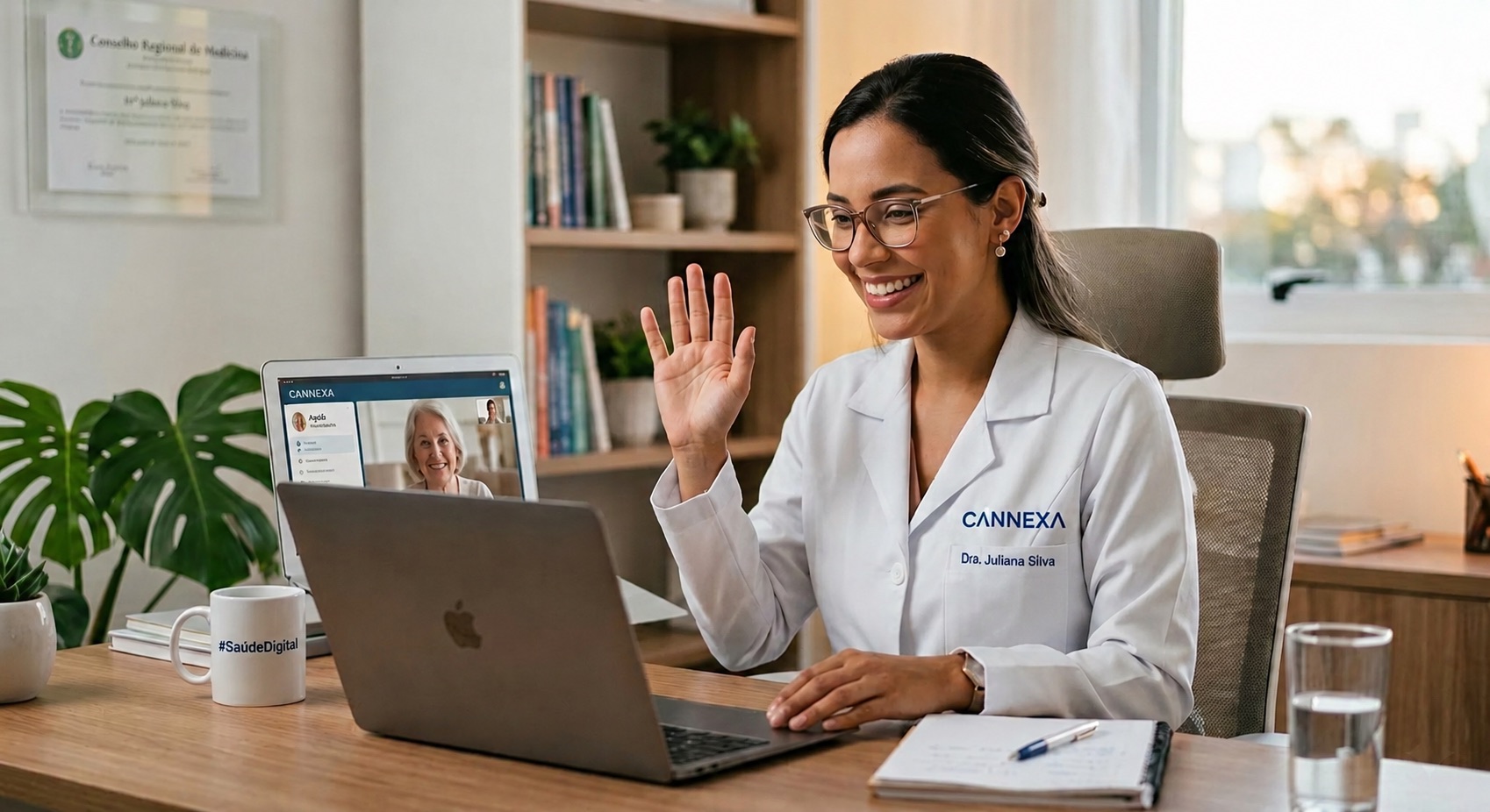 Médica acenando para paciente durante consulta online por vídeo