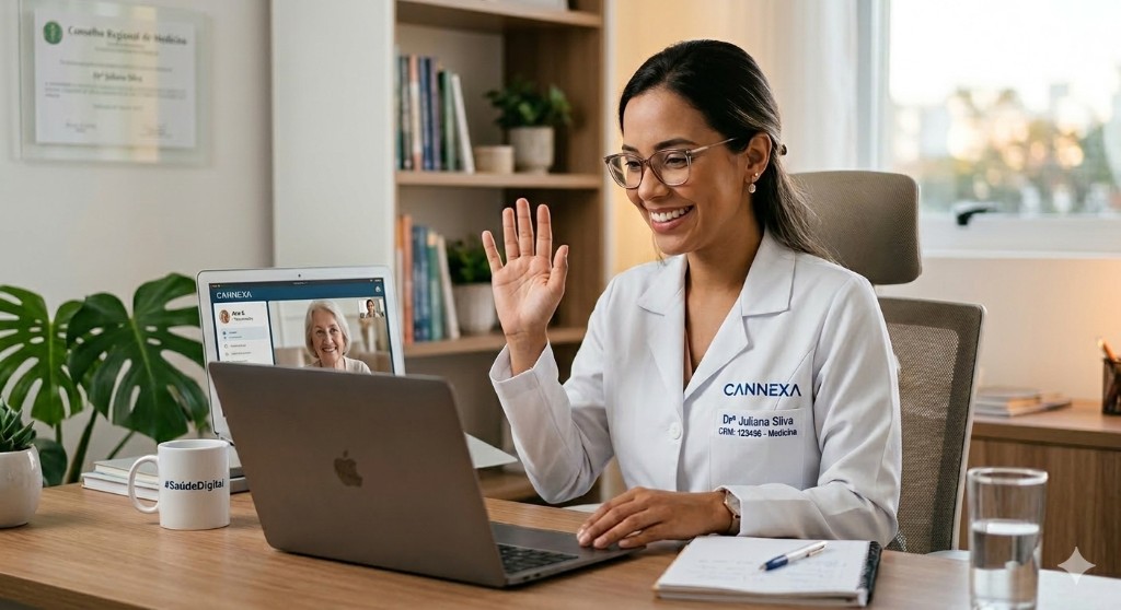 Médica em consulta online com paciente - telemedicina Cannexa