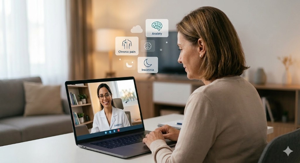 Paciente em consulta online por vídeo em casa